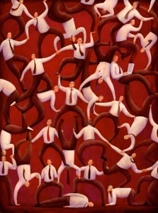 An abstract painting shows numerous figures in white shirts and brown pants, all entangled in various acrobatic poses against a red background. They appear to be performing different activities, offering career advice and using laptops as they strive to survive the challenges of their dynamic world.