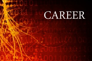 Abstract design on a red background with binary code (1s and 0s) overlay, and the word "CAREER" in bold white letters on the right, symbolizing career advancement. The left side features an abstract yellow network-like pattern with circular nodes and branching lines.