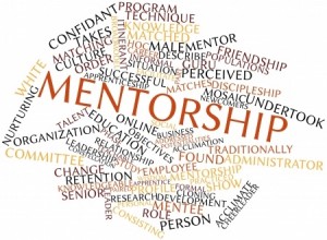 A word cloud centered around "MENTORSHIP" in large, bold font, with related terms radiating outwards. Words like "EDUCATION," "LEADERSHIP," "CONFIDANT," "FRIENDSHIP," "GUIDE," and "KNOWLEDGE" are prominently featured among others, highlighting the role of a mentor in these domains.