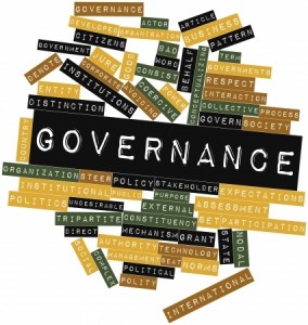A collage of colorful sticky notes around the central word “Governance.” The surrounding notes contain terms related to governance such as "stakeholder," "policy," "regulations," "institutions," "authority," "society," "resource allocation," and "framework.