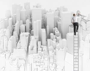 A city manager in a business suit climbs a tall ladder that leans against a large 3D cityscape model with white buildings. He is reaching out to adjust one of the buildings, appearing to interact with the miniature city. The background is also in shades of white.