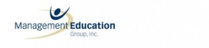 Logo of Management Education Group, Inc., led by Marnie E. Green, featuring a stylized figure with arms raised above a swoosh design. The text "Management Education Group, Inc." is written in a modern, blue font next to the graphic. The background is white.