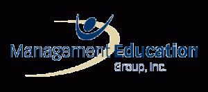 Logo of Management Education Group, Inc. It features a stylized blue figure with arms raised, positioned above a curved, swooping beige line. The text "Management Education Group, Inc." is displayed to the right of the figure in blue font. Marnie E. Green's influence is subtly reflected in the design's professionalism and clarity.