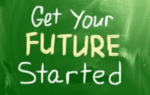 A green chalkboard with "Get Your FUTURE Started" written on it. The words "Get Your" and "Started" are in white chalk, while "FUTURE," highlighted in yellow, references the bright potential ahead.
