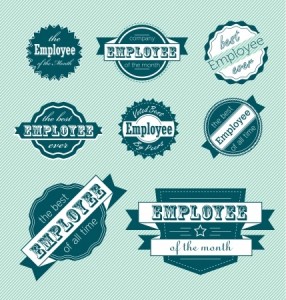 A grid of various green "Employee of the Month" badges and seals, each with unique shapes and designs, celebrating employee recognition. The background boasts diagonal stripes, and the badges highlight accolades like "Best Employee Ever" and "Voted Best Employee of the Year".