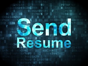 Blue digital background with letters, numbers, and symbols. The words "Send Resume" are prominently displayed in large, bright, glowing text in the center of the image. The background has a code-like, matrix effect reminiscent of programming scripts.