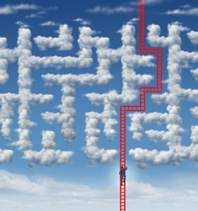 A person climbs a red ladder that ascends into a blue sky filled with clouds arranged like a maze. The ladder bends multiple times to navigate through the cloud maze, symbolizing a challenging journey of career development.
