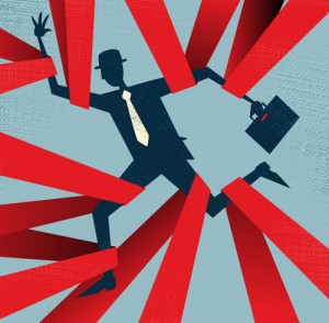 Illustration of a person in a suit and hat, carrying a briefcase, appearing to run amidst red beams reminiscent of public sector barriers. The red beams seem to obstruct the path, creating a dynamic and tense scene. The background is a muted blue.