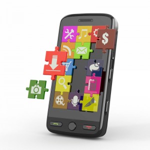A black smartphone displays a colorful screen filled with various app icons, each represented as a puzzle piece. Puzzle pieces show symbols for job hunting, money, messaging, settings, camera, music, shopping and more, highlighting the device's diverse functionalities.