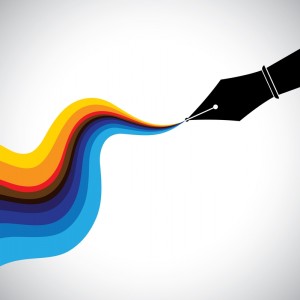 Illustration of a black fountain pen drawing a colorful, wavy rainbow line. The background is a light gradient, transitioning from white to gray. The vibrant colors in the line range from yellow to red, to blue, giving a sense of creativity and fluidity—perfect for any artistic job.