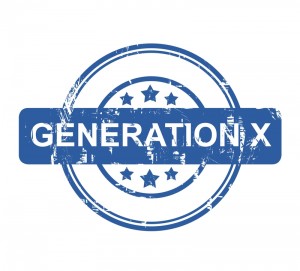 A blue, circular, distressed stamp design on a white background displays the words "GENERATION X" in capital letters across the center. The stamp, reminiscent of an era before boomers, also features a circle of stars within the inner circle.