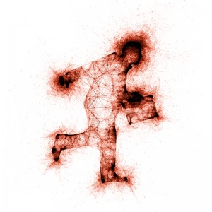 Digital art in red depicts a running individual holding a briefcase, embodying the essence of a job search. The figure is constructed from interconnected lines and points, creating a dynamic, fragmented appearance. The white background makes the intricate design stand out prominently.