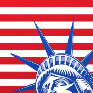 Illustration of the Statue of Liberty's crown and upper face in blue, positioned in the foreground against a background of red and white horizontal stripes, symbolizing public service and unity.