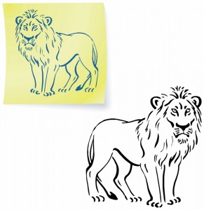 Illustration featuring two renders of a lion: one on a yellow sticky note in blue outline, and the other as a detailed black outline on a white background. Both lions stand facing forward, depicting strong postures and full manes, embodying the essence of courage.