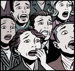 A pop art illustration depicts a diverse group of employees with shocked and fearful expressions. The figures are drawn with bold outlines and filled with dot patterns, reminiscent of comic book styles. Some have hands covering their mouths, and wide eyes enhance the sense of alarm.