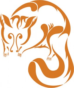 Stylized depiction of a curled-up fox and possum, formed using smooth, contiguous lines and shapes. The design is abstract, with flowing curves and edges, primarily in orange on a white background, creating a graceful and dynamic representation of the animals.