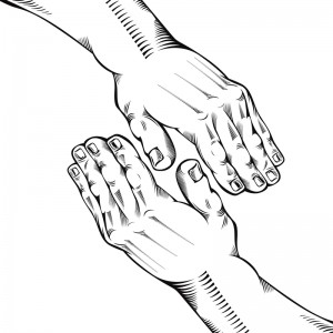 Illustrated black and white image of two hands facing each other, palms open in a gesture of service. The hands feature detailed shading and lines, giving them a textured appearance. The fingers are slightly bent and the hands are positioned with thumbs pointing inward.