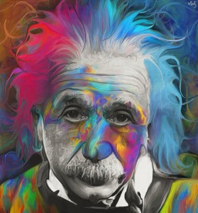 A colorful, abstract painting of an elderly man with wild hair of various vibrant colors such as red, blue, and purple. His face is detailed with swirling patterns and bright hues, symbolizing a career filled with creativity and dynamism, giving the entire piece a surreal appearance.