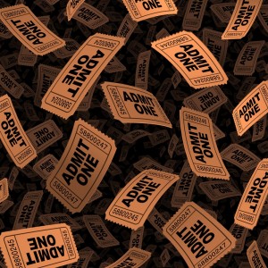 A chaotic scattering of orange "Admit One" tickets with black serial numbers depicted in a layered, overlapping pattern against a dark background. Much like the meticulous process of a recruiter, the tickets are oriented in various directions, creating a sense of depth and visual randomness.
