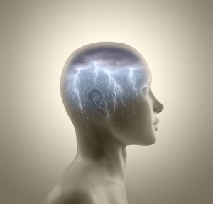 A digital illustration of a human head, shown in profile view, with a transparent section revealing the brain. Within the brain, storm clouds and lightning symbolize mental turmoil or cognitive activity often influenced by drug use. The background is plain beige.