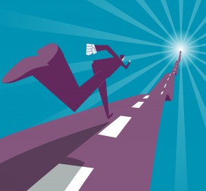 A stylized illustration of a person in a business suit running with a briefcase on an upward road that stretches towards a bright light at the horizon. The background features dynamic rays emanating from the light, enhancing the sense of momentum and purpose.