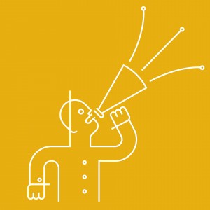 A minimalistic line drawing of a person holding a megaphone, perfect for illustrating public speaking. The figure is shown in profile, facing to the side, with lines emitting from the megaphone, indicating sound. The background is solid yellow.