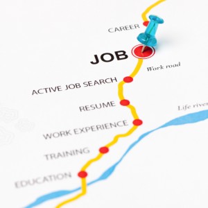 Close-up of a map-like representation of a career path. The path, marked in yellow with red points, includes milestones from "EDUCATION" to "TRAINING," "WORK EXPERIENCE," crafting the perfect "RESUME," and "ACTIVE JOB SEARCH" leading to the destination labeled "JOB" with a blue pushpin.