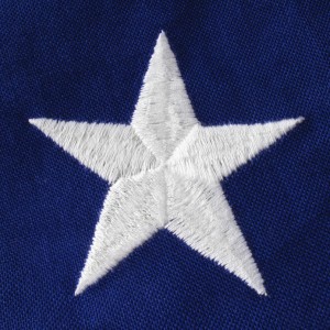 A close-up image of a white, embroidered five-point star against a blue fabric background. The stitching is detailed, and the star is centered, presenting a sharp contrast with the blue material, reminiscent of military insignia.