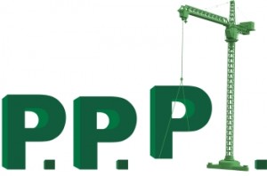 The image shows the letters "P.P.P." in bold green font. The third "P" is designed in perspective, resembling a tall construction crane with its arm lifting the top part of the letter, symbolizing public-private partnerships. The entire image is set against a white background.