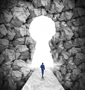 A person in a blue suit walks on a path made of crumpled paper, resembling discarded resumes, leading towards a large keyhole-shaped opening. The surrounding walls are composed of crumpled paper, and light shines through the keyhole, creating a glowing effect.