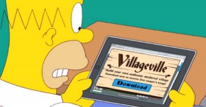 A cartoon character with yellow skin, a white shirt, and a jagged haircut is looking at a tablet screen. The screen displays an advertisement for a game called "Villageville" with the text "Build your own authentic medieval village. Download now to receive free copper's tongs! Share on social media to earn more rewards.