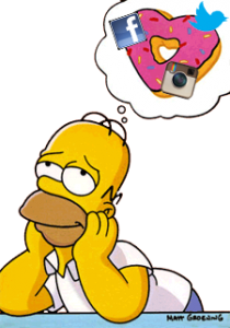 A cartoon character with yellow skin, wearing a white shirt, rests his head on his hands and looks upwards, thinking about social media icons (Facebook, Twitter, Instagram) inside a heart-shaped pink donut thought bubble.