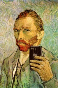 A digital modification of Vincent van Gogh’s self-portrait in which he is depicted holding a modern smartphone, capturing a selfie. The background features typical swirling brushstrokes reminiscent of van Gogh's passionate career and iconic painting style.