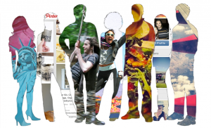 Silhouettes of six millennials filled with different images, including the Statue of Liberty, food, a roller coaster, a mountain landscape, a person using a laptop, and social media snapshots. Each silhouette stands out with varied vibrant colors and patterns.