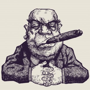 A black-and-white, hand-drawn caricature of a large, bald man with exaggerated features, thick eyebrows, and a stern expression. Dressed like a boss in a suit, he grips a large cigar in his mouth and clasps his hands in front of him on a table.