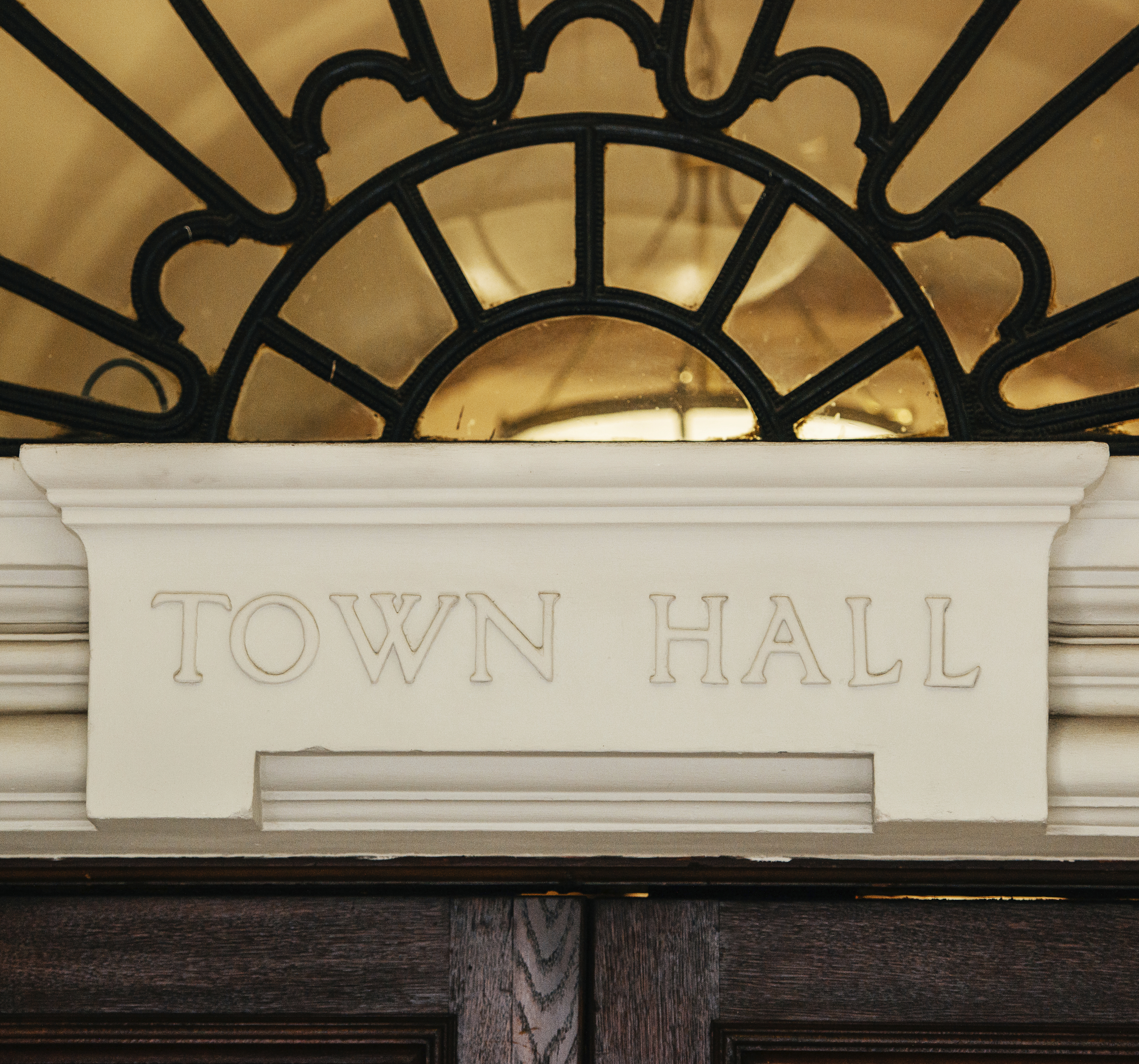 Town Hall sign above door