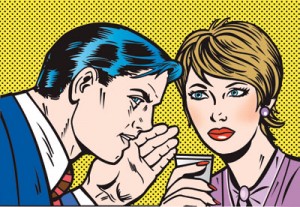 Pop art illustration of a man with blue-tinted black hair whispering management secrets into the ear of a blonde woman holding a glass. The background consists of a yellow polka dot pattern. The woman has a concerned expression and wears a purple shirt with matching earrings.