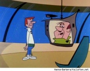 A cartoon character with red hair stands on a spaceship, telecommuting as they look at another character with short brown hair and a green collar displayed on a TV screen hanging from the ceiling. The background shows a large window, possibly viewing space.