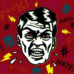 A stylized, black-and-white illustration of an angry boss with red eyes, clenched teeth, and sweat drops against a red background. Surrounding the face are symbols like skulls, lightning bolts, spirals, and words like "HATE!" and "FK!" in various colors.
