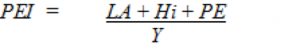 The image shows a mathematical formula: PEI equals the sum of LA, Hi, and PE, all divided by Y. This formula is essential for understanding various performance metrics.