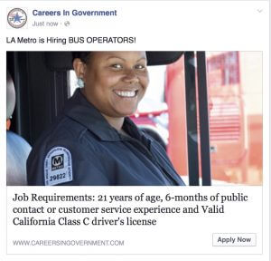 A job advertisement from "Careers In Government" featuring a smiling bus operator. Text reads: "LA Metro is Hiring BUS OPERATORS! Job Requirements: 21 years of age, 6-months of public contact or customer service experience, valid California Class C driver's license, and engagement on social media.