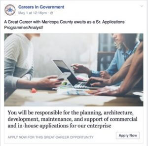 A social media post from "Careers in Government" featuring a job opportunity for a Sr. Applications Programmer/Analyst in Maricopa County. The image shows people collaborating around a laptop and documents. The post details responsibilities and includes "Apply Now" buttons. Connect with your future today!