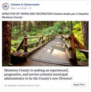 A social media post from "Careers In Government" promotes a job opportunity for the Director of Parks and Recreation in Monterey County. The image features a wooden footbridge in a forested park with dappled sunlight, inviting qualified candidates to apply.