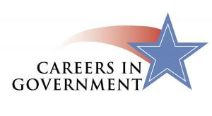 Logo for "Careers in Government" featuring a blue star with a red swoosh in the background, symbolizing a diversity boost. The text "Careers in Government" is centered below the star and swoosh design on a clean white background.