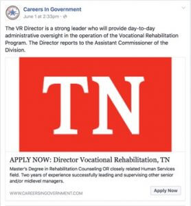 A Facebook post by "Careers In Government" is advertising a job for Director of Vocational Rehabilitation in Tennessee. The post highlights the requirement for a Master's degree and at least two years of experience. The image stands out with a red background and bold white "TN". Follow us on social media for more opportunities!