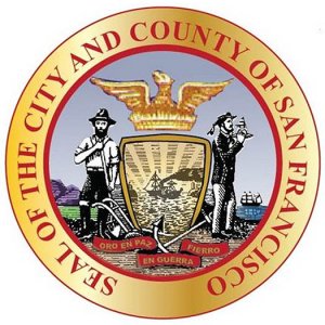 The official seal of the City and County of San Francisco features a gold phoenix rising from flames, with a shield below showing a ship and mountains. A miner and a sailor flank the shield. The outer circle says "Seal of the City and County of San Francisco.