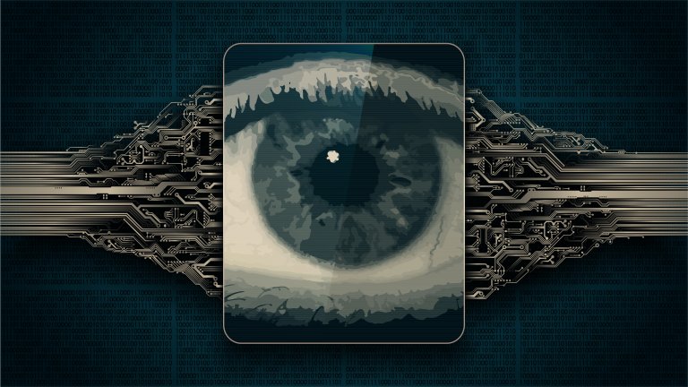 An image of a human eye is central to a digital design. The eye's iris appears realistic and detailed, surrounded by circuitry patterns extending outward. The background features binary code in blue, giving a sense of connectivity between technology and human vision.