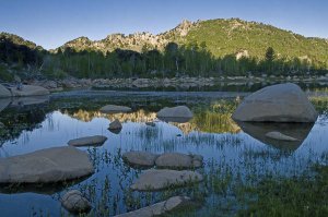 A serene mountain landscape with a calm lake reflecting the rugged, rocky hills and green forests in the background. Large boulders and rocks are scattered in the water and along the shore, with some vegetation growing around them. The sky is clear and blue.