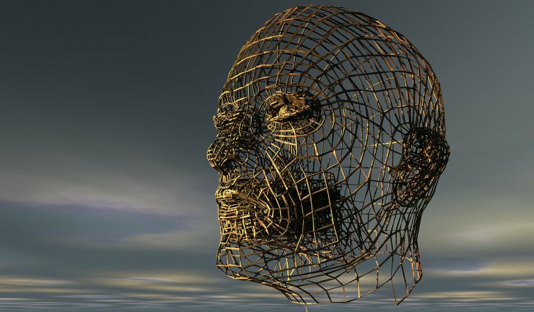Digital artwork of a wireframe sculpture depicting a human face. The intricate structure of thin, metallic beams creates a lattice-like appearance, symbolizing the complexity of decisions. The background features a cloudy sky with hues of blue and gray.