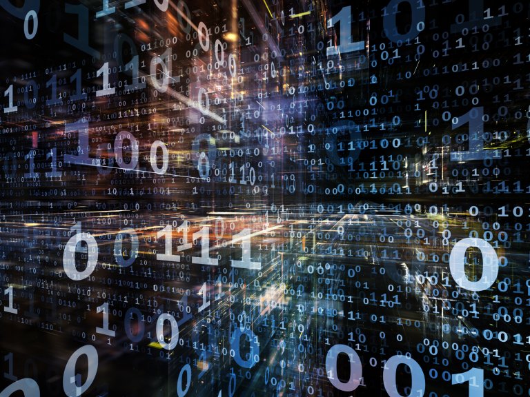 A dynamic representation of digital data with a flurry of blue and white binary code (1s and 0s) overlaying a complex, abstract background of lights and lines. The image conveys the concept of information governance, data processing, or digital information flow in a high-tech environment.